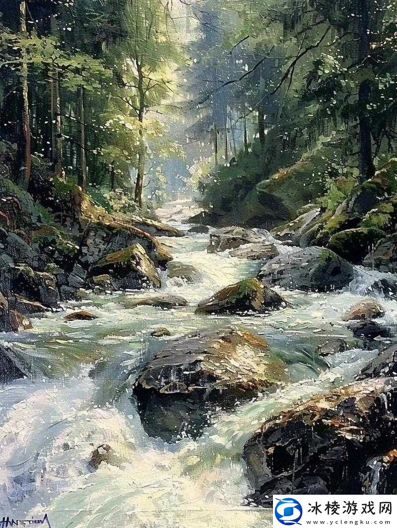浓密的森林小溪在流淌水：宁静自然中的灵动画卷